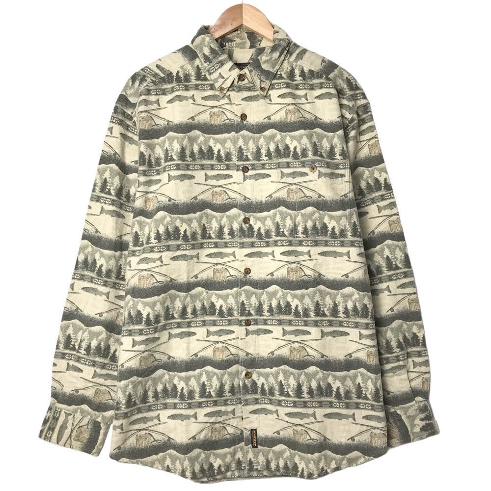 ウールリッチ WOOLRICH ロングスリーブ シャツ ボタンダウン フィッシング 総柄 長袖 サイズ：Men's XL位 カーキ×クリーム 【NR】