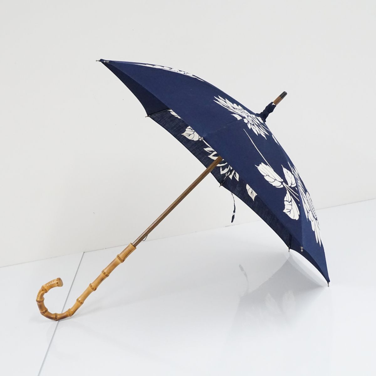 日傘 WAKAO ワカオ USED品 ネイビー ひまわり 花 ブルー バンブー 40cm