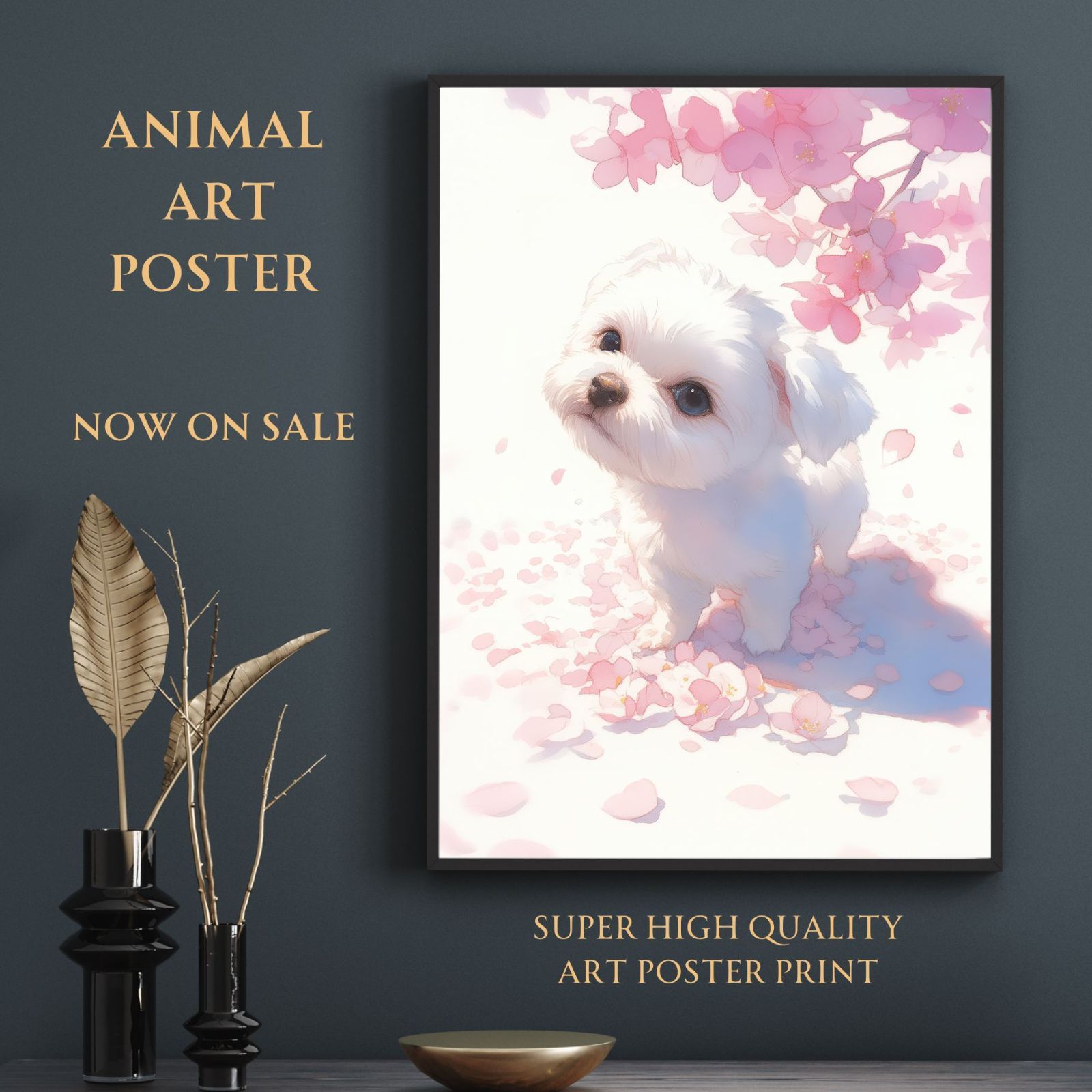 桜犬戯舞 - マルチーズ犬 No.1 桜 花見 春 花びら 子犬 ペットロス うちの子 記念日 アートポスター 犬の絵 犬のイラスト ギフト プレゼント