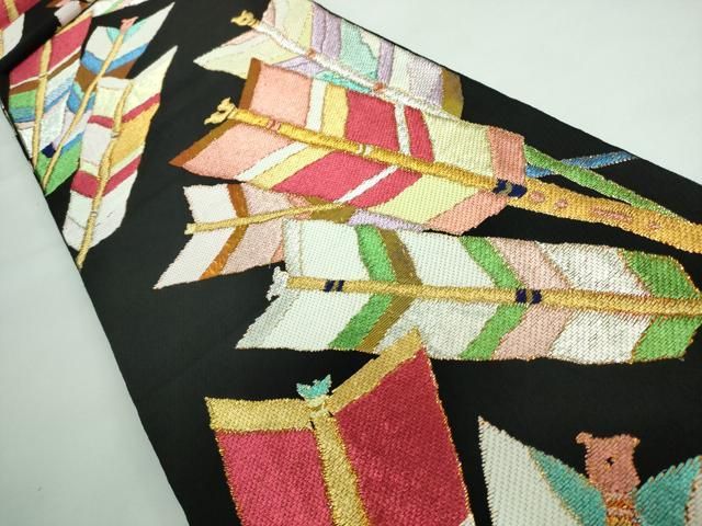 平和屋本店□極上 西陣 環美術織物 六通柄 本袋帯 源平矢羽根文 黒地  