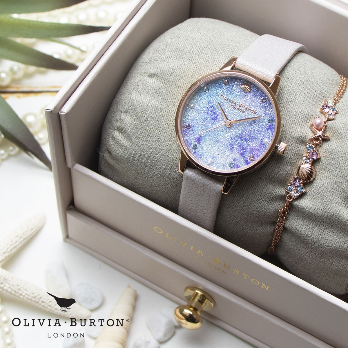 オリビアバートン OLIVIA BURTON 限定品 腕時計 ブレスレット OBGSET142 ギフトセット Under the Sea パールダイヤル ライラック レザーベルト ローズゴールド スワロフスキー ピンクゴールド ミディ midi ギフト