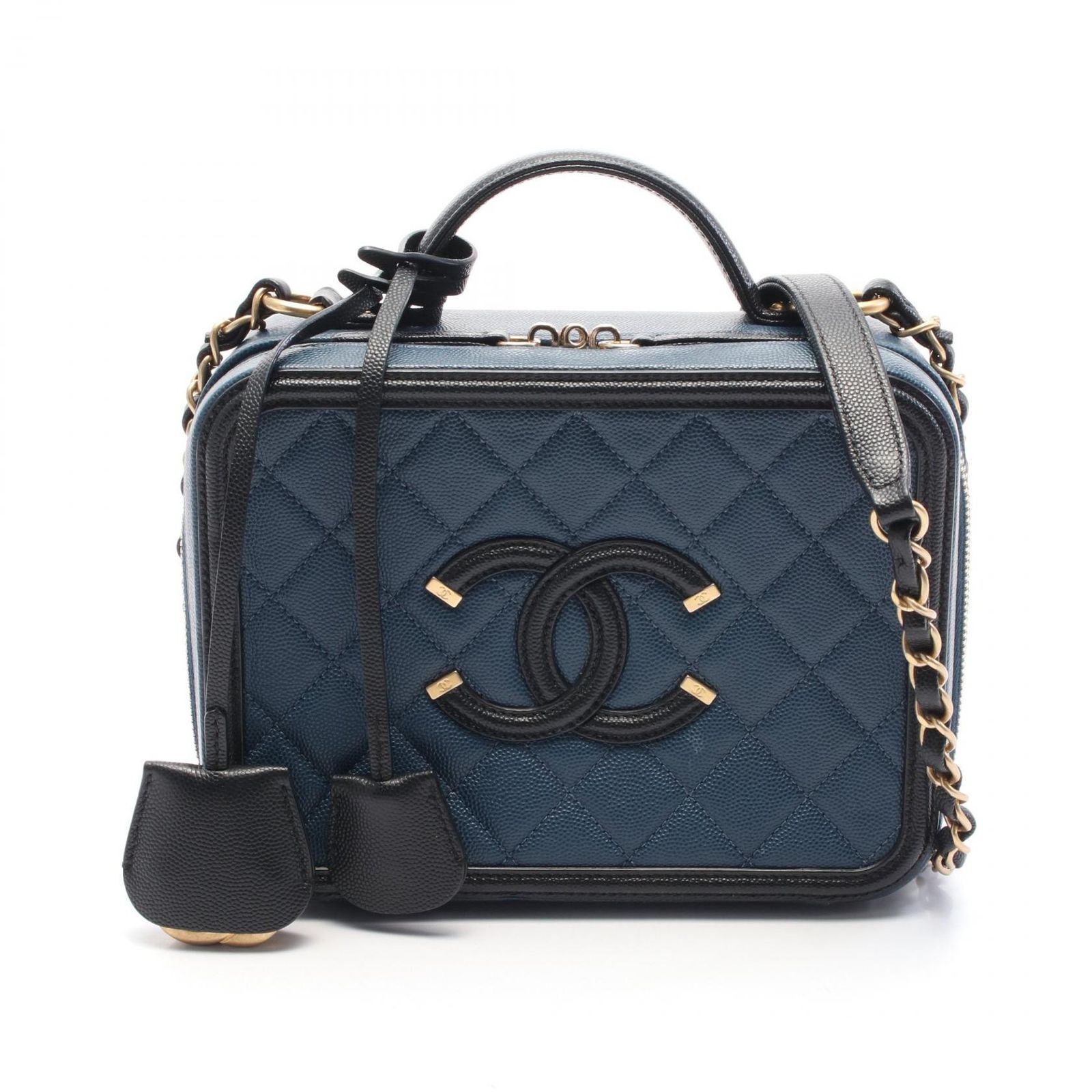 シャネル CHANEL ショルダーバッグ CCフィグリー バニティバッグ A93343 ネイビー|ブラック キャビアスキン グレインドカーフ CCフィリグリー マトラッセ バニティ チェーンショルダー レディース Used A