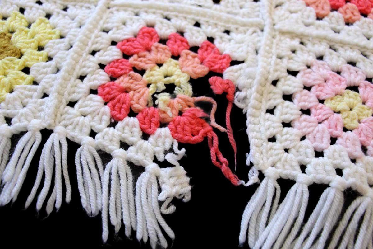 スクエア モチーフ ニット グラニー ブランケット 白☆C カギ編み ラグ