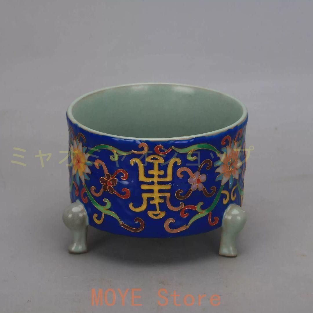 汝窯絞糸琺瑯彩寿字纏枝蓮三足玄紋香炉 景徳鎮 装飾品 現代工芸品 美術品 置物