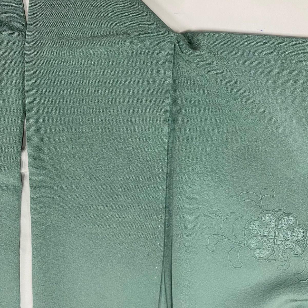 【深緑・淡緑】無属性古装◆20cmぬいぐるみ用お衣装➕️背飾り付き 付下げ 身丈166.5cm 裄丈64cm M 袷 向鳥 華文 刺繍 薄緑 正絹 秀