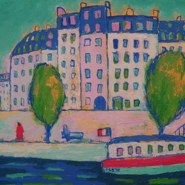 絵画がんどうあつし過去の実験作品90年代風景（セーヌの岸辺）F3号ゴールド額縁付 絵画がんどうあつし過去の実験作品90年代風景（セーヌの岸辺）F3