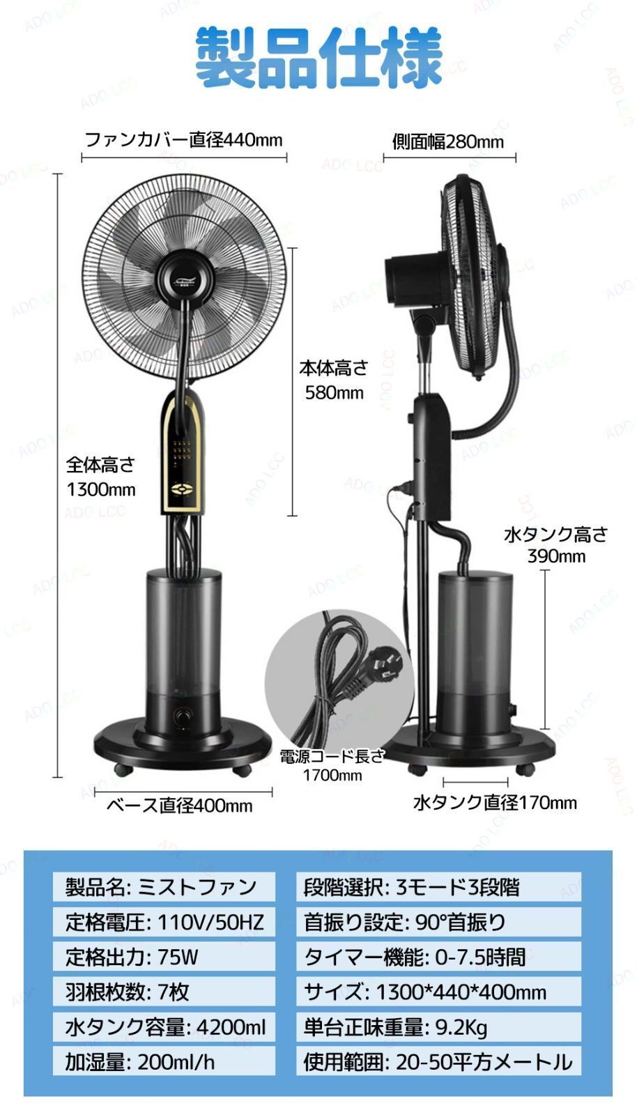 ミストファン フロア 加湿機能 氷いれ可能 ファン タンク容量4L