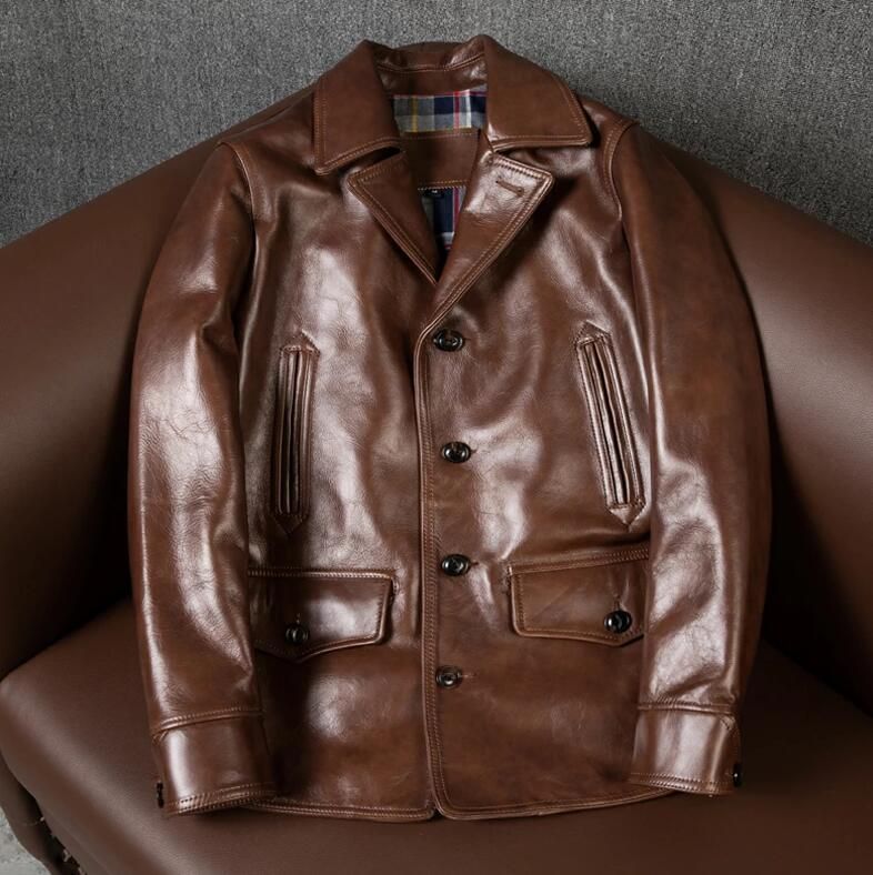 High quality leather jacket horse leather car coat leather jean horse hide genuine leather rider jacket men's fashion coat long small to 5XL