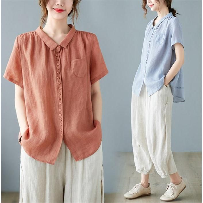 リネンシャツ ブラウス レディース 夏 半袖 リネンブラウス トップス 無地 前開き 綿麻 Tシャツ 無地 シンプル 前後差 カジュアル 体型カバー きれいめ リネンシャツ ブラウス レディース 夏 半袖 リネンブラウス