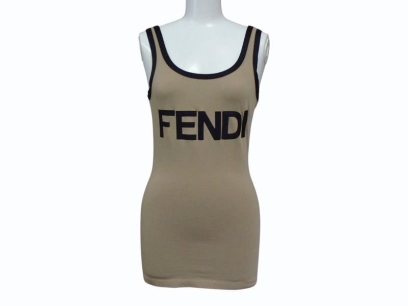 FENDI フェンディ タンクトップ ノースリーブ サイズ40 ロゴプリント コットン スパンデックス ベージュ ブラック 4b002930