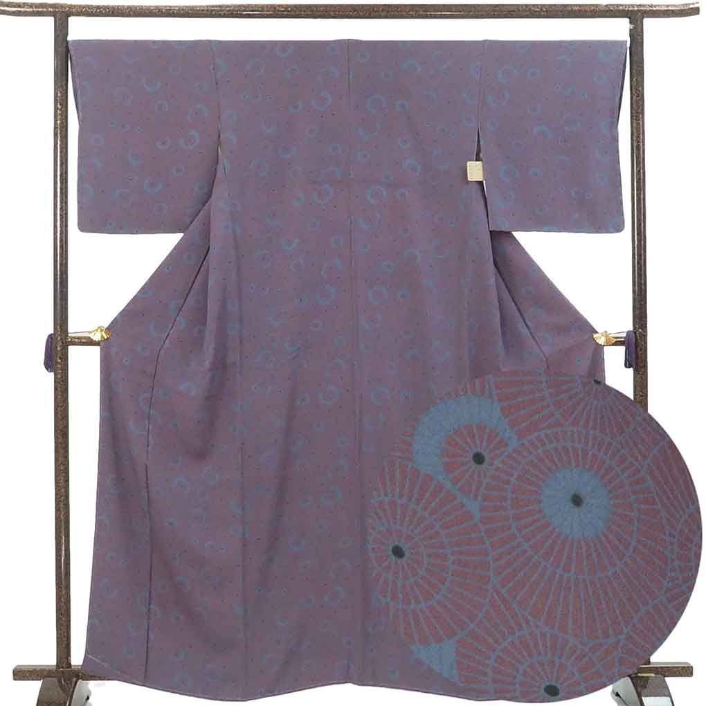 小紋 身丈163cm 裄68cm 前幅24cm 後幅30cm 袖丈49cm 袖幅34cm レディース 袷 傘柄 裄長 裄Lサイズ 秋冬春用 正絹 シルク パープル リメイク リユース リサイクル 呉服のきくや