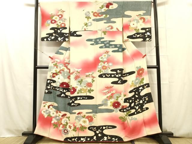 平和屋着物□訪問着 駒刺繍 ヱ霞草花文 暈し染め 金銀彩 正絹