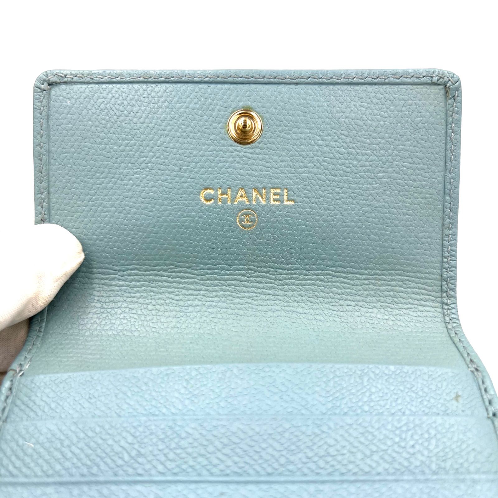 シャネル ココボタン Wホック ライトブルー 水色 レディース 財布 三