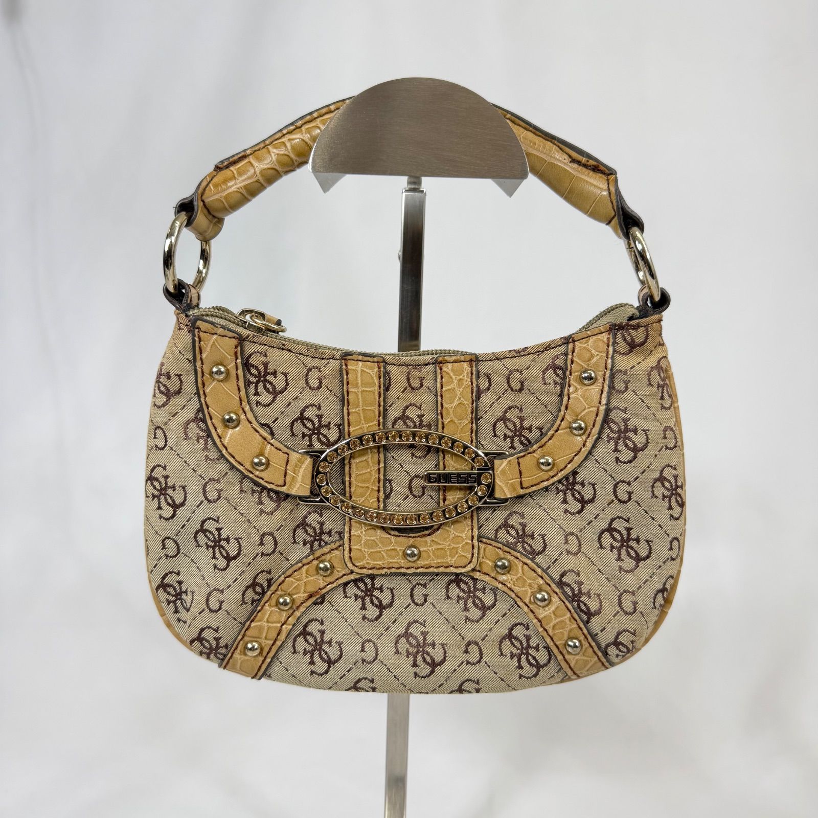 美品】 GUESS ゲス 総柄 ミニ ハンドバッグ ポーチ キャンバス 