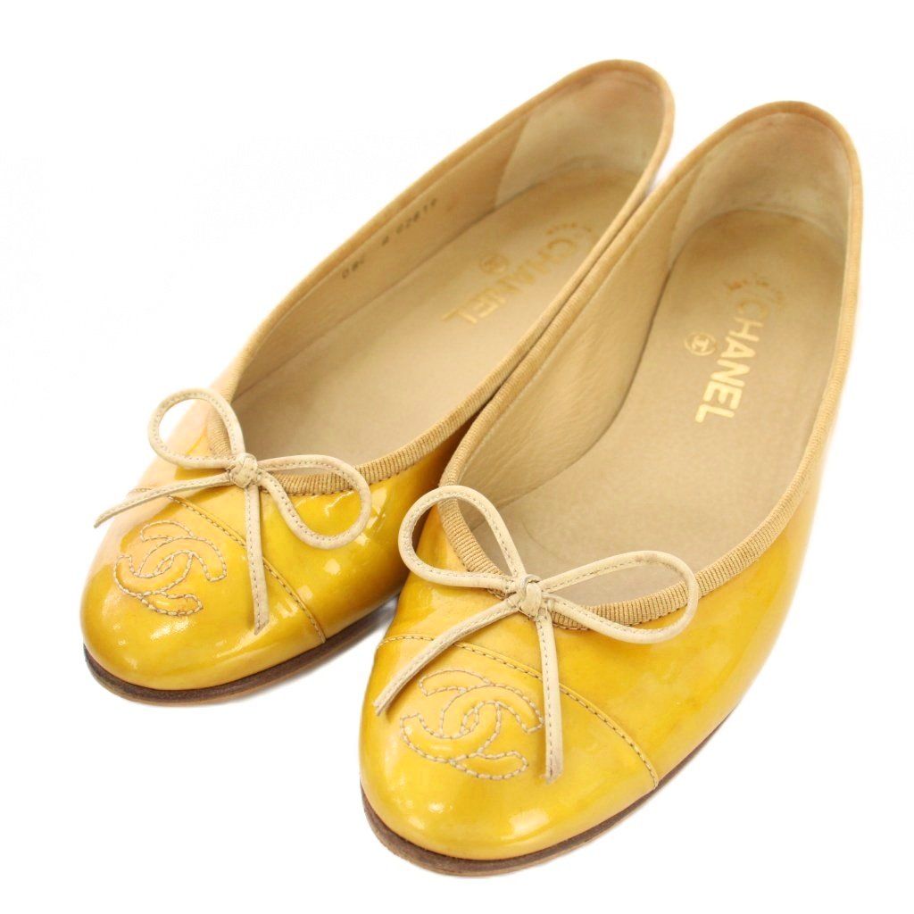 シャネル CHANEL バレエシューズ フラットシューズ エナメル ココマーク 刺繍 37 黄色 イエロー G2819 |TK