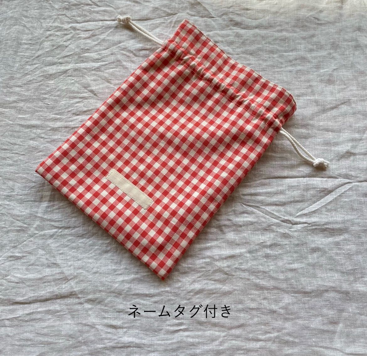 k.！①ギンガム チェックフリル給食袋　5枚セット フリル巾着袋&ランチョンマットset ギンガムチェック レッド
