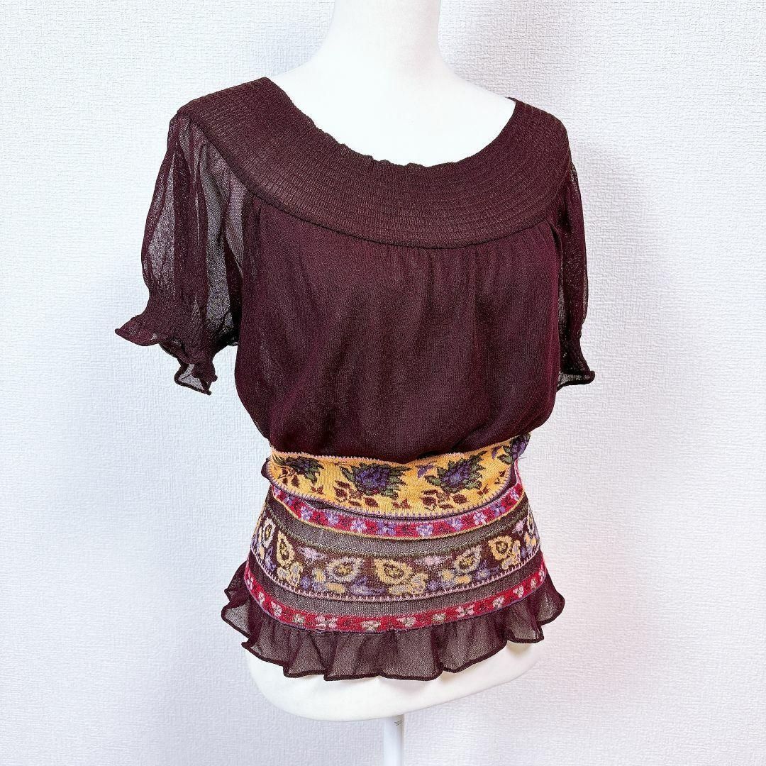 ケンゾー 半袖薄手ニットブラウス シアー M 裾ボーダー柄 ボルドー