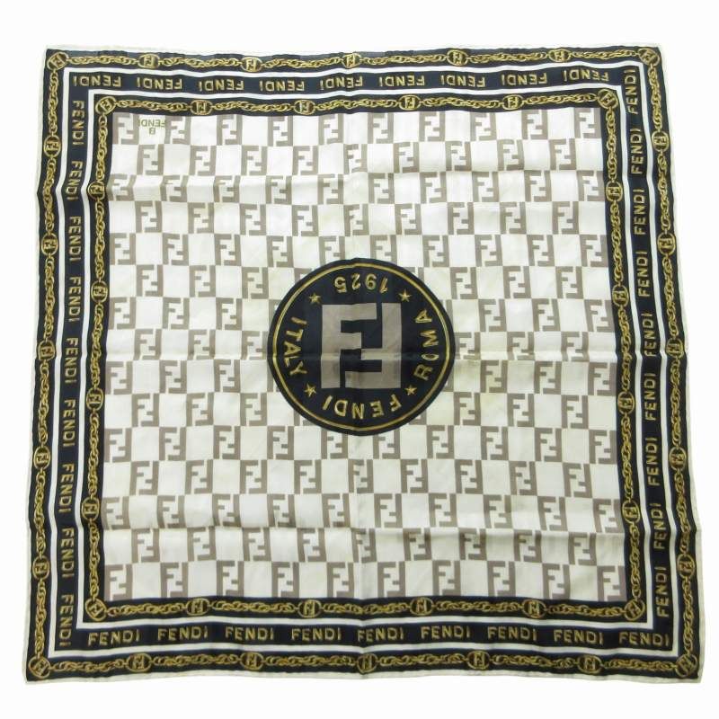 美品FENDI フェンディシルクシフォン ￼素材、スカーフストール ズッカ柄 フェンディ FENDI ズッカ柄 ミニスカーフ ショール ストール
