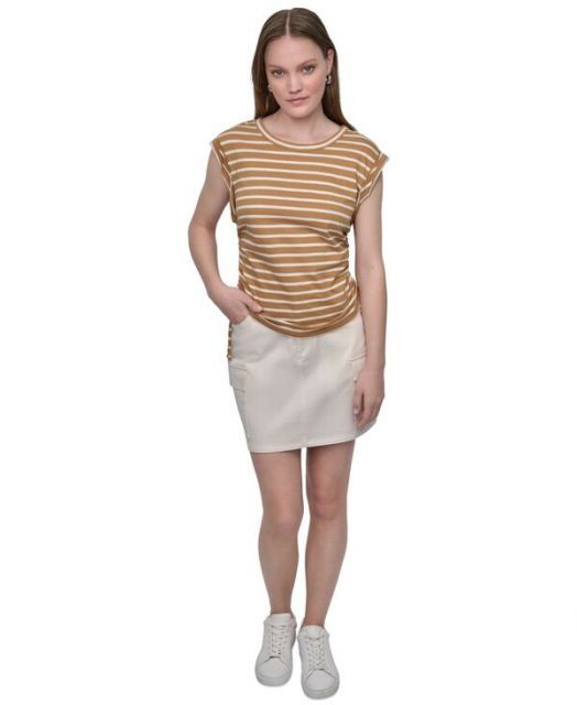 売れ筋商品|||ダナキャランニューヨーク カットソー トップス レディース Women's Side-Tie Ruched Sleeveless T-Shirt MJA - WHSKY/EGGNOG Ruched Side Tie Tee | Tee | DKNY