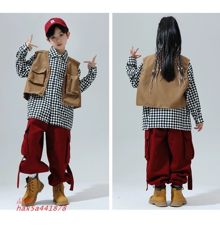 キッズダンス衣装セットアップ ヒップホップ衣装 チェック柄 ジャケット パンツ ブラウン 韓国 K-POP hax5a441878 LLC-HASEGAWATOSO_COM