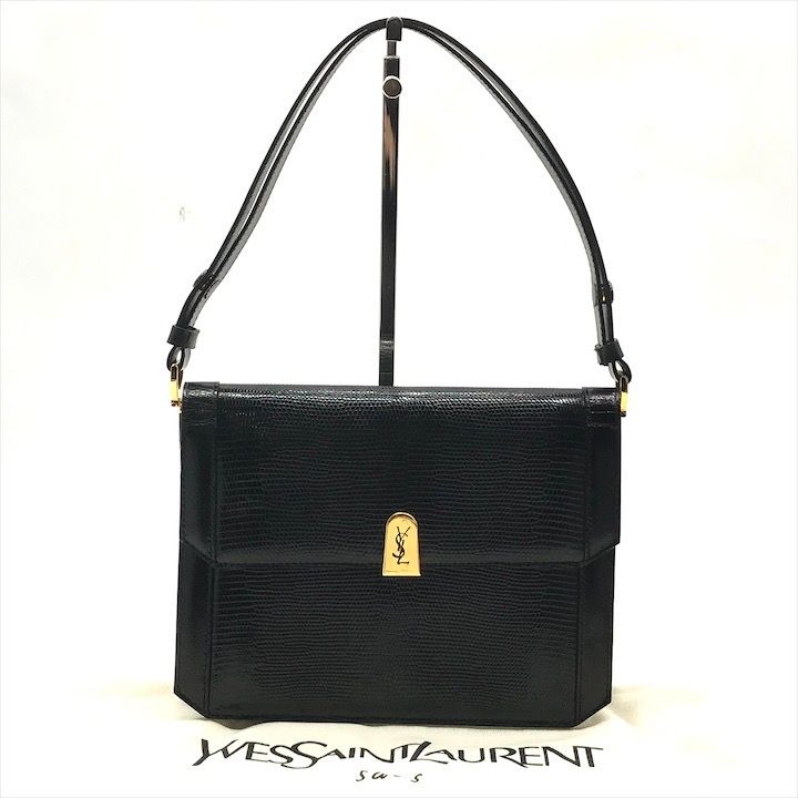 超美品 YEVS SAINT LAURENT サンローラン YSL金具 リザード カーフレザー ショルダー バッグ ブラック h736 SAINT LAURENT サンローラン パリ PARIS ショルダーバッグ レディース