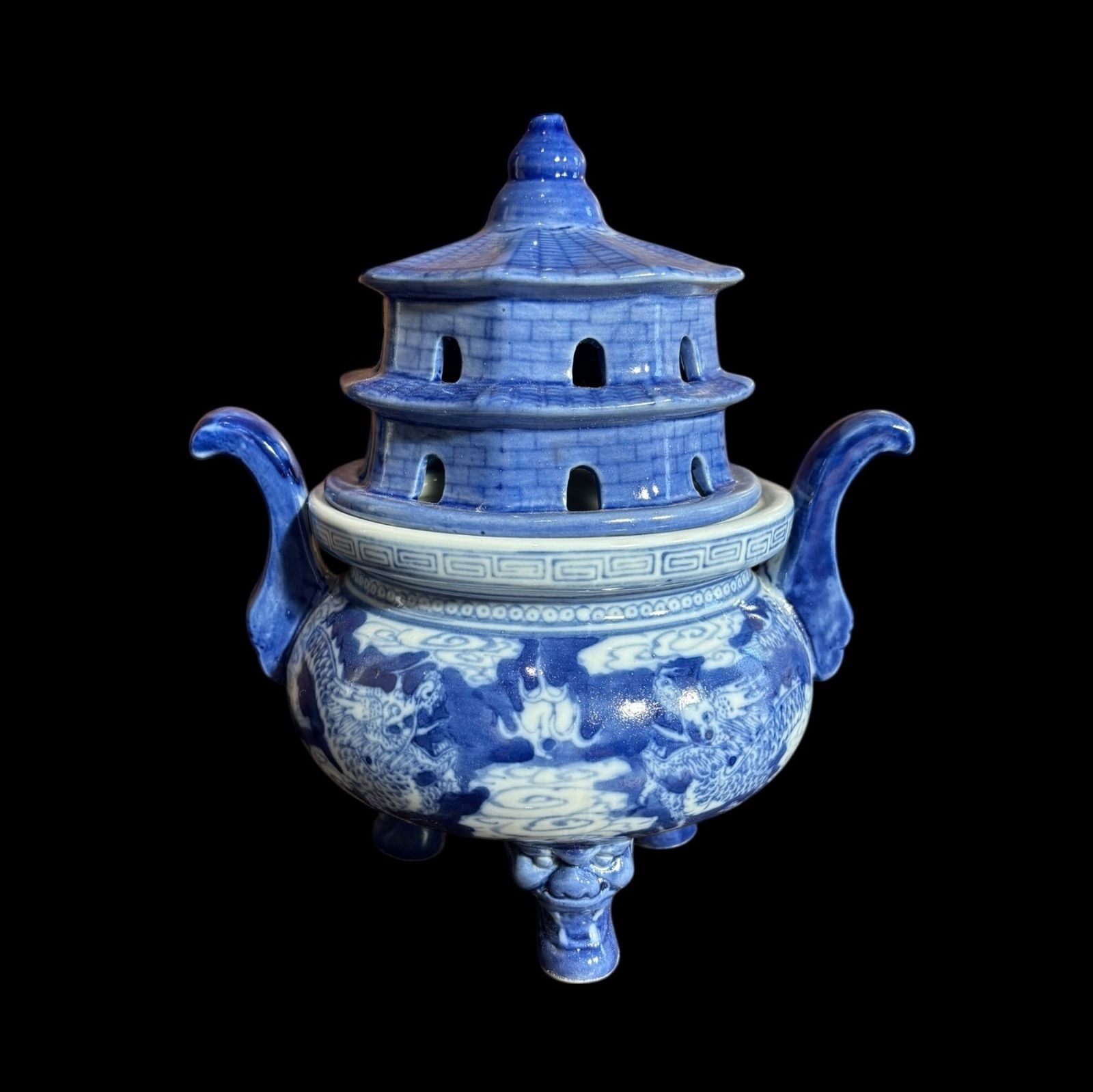 染付 龍 三足 香炉 香道具 美術品 インテリア 置物 陶器 中国 時代物