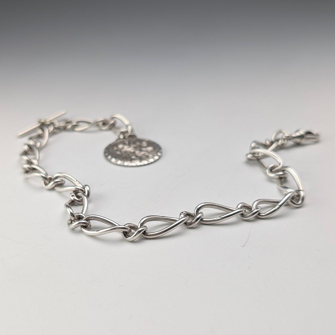 1888年 英国アンティーク 純銀製アルバートチェーン ファンシーリンク 42g 聖クリストファー純銀メダルフォブ LNAILSPERTH_COM