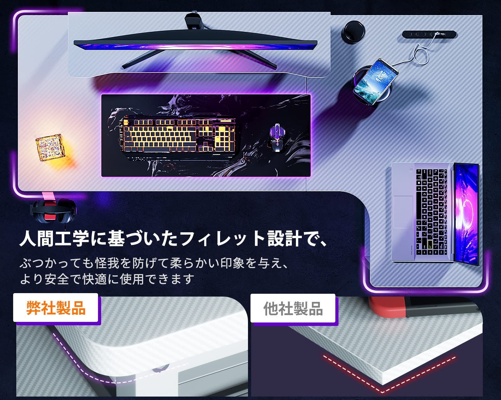 人気商品 デスク 机 pcデスク ラック付き コンセント付き コーナーデスク l字デスク 収納 幅130 オフィスデスク パソコンデスク 組立簡単 ゲーミングデスク 右棚 ODK カーボン調ホワイト