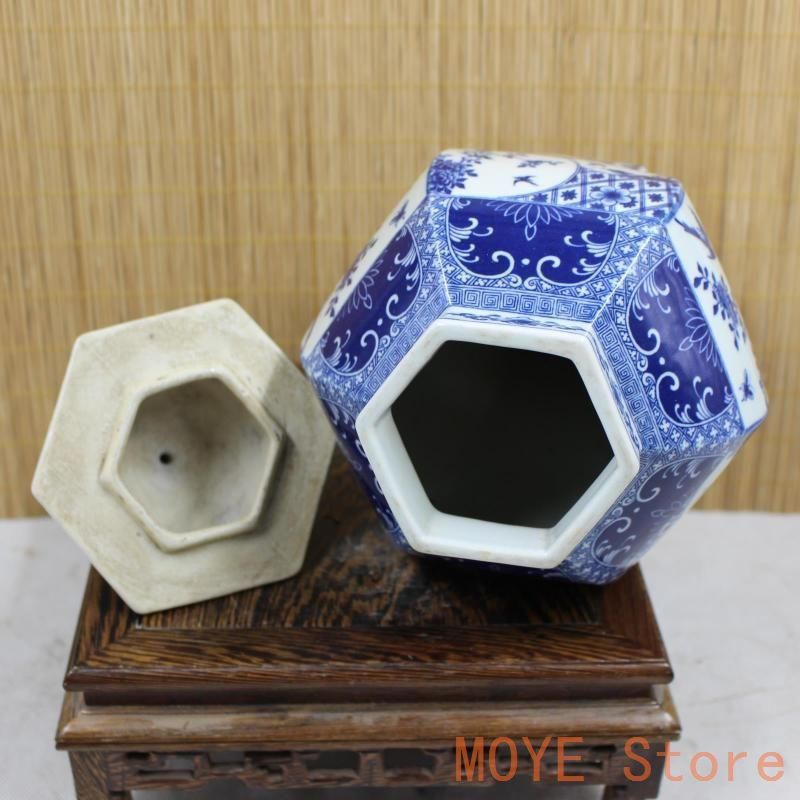 清乾隆青花花鳥六方将軍缶 景徳鎮 陶磁器 装飾品 現代工芸品