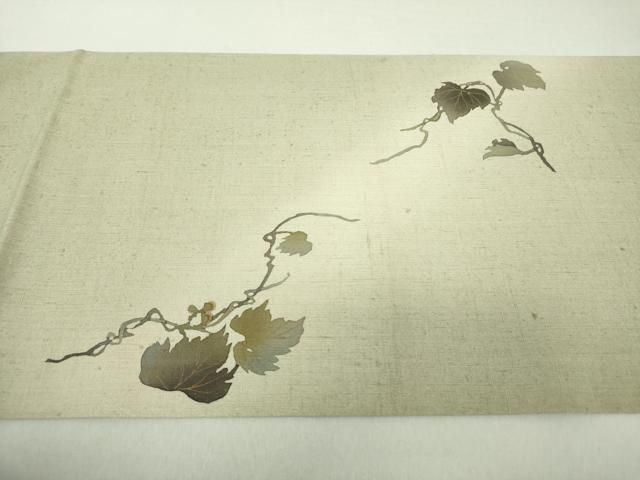 平和屋着物○太鼓柄袋帯 紬地 手描き 葡萄蔦の葉文 金彩 正絹 逸品