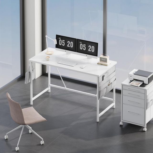 YeTom 机 デスク パソコンデスク pcデスク 幅120 奥行55cm つくえ 収納袋付き勉強机 フック付き学習机 組立簡単 テレワーク 白い