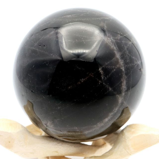 天然石 黒色結晶 木製台座付き モリオン 黒水晶 丸玉 木製台座付き 直径 70.8mm 山東省産 天然石