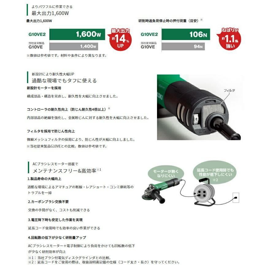 HiKOKI ハイコーキ 100mm 電子ディスクグラインダー スライドスイッチ 100V G10VE2 無段変速機能 防じんフィルタ 日立 サンダー 切断機 研磨