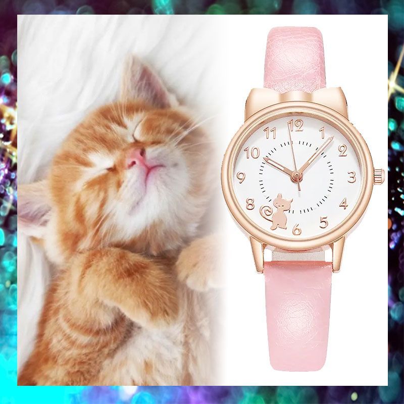 ピンク 猫のデザイン腕時計 大人可愛いローズゴールドのネコ ベルト