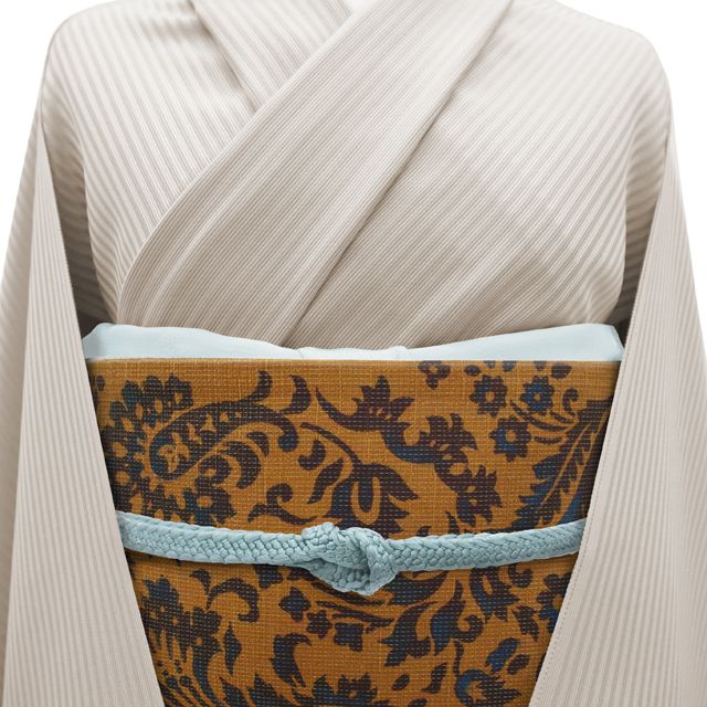 美品★袋帯　正絹　藍染　型染　全通柄 中古】 袋帯 全通 正絹 紬 リサイクル 染め帯 手染め 駱駝色地