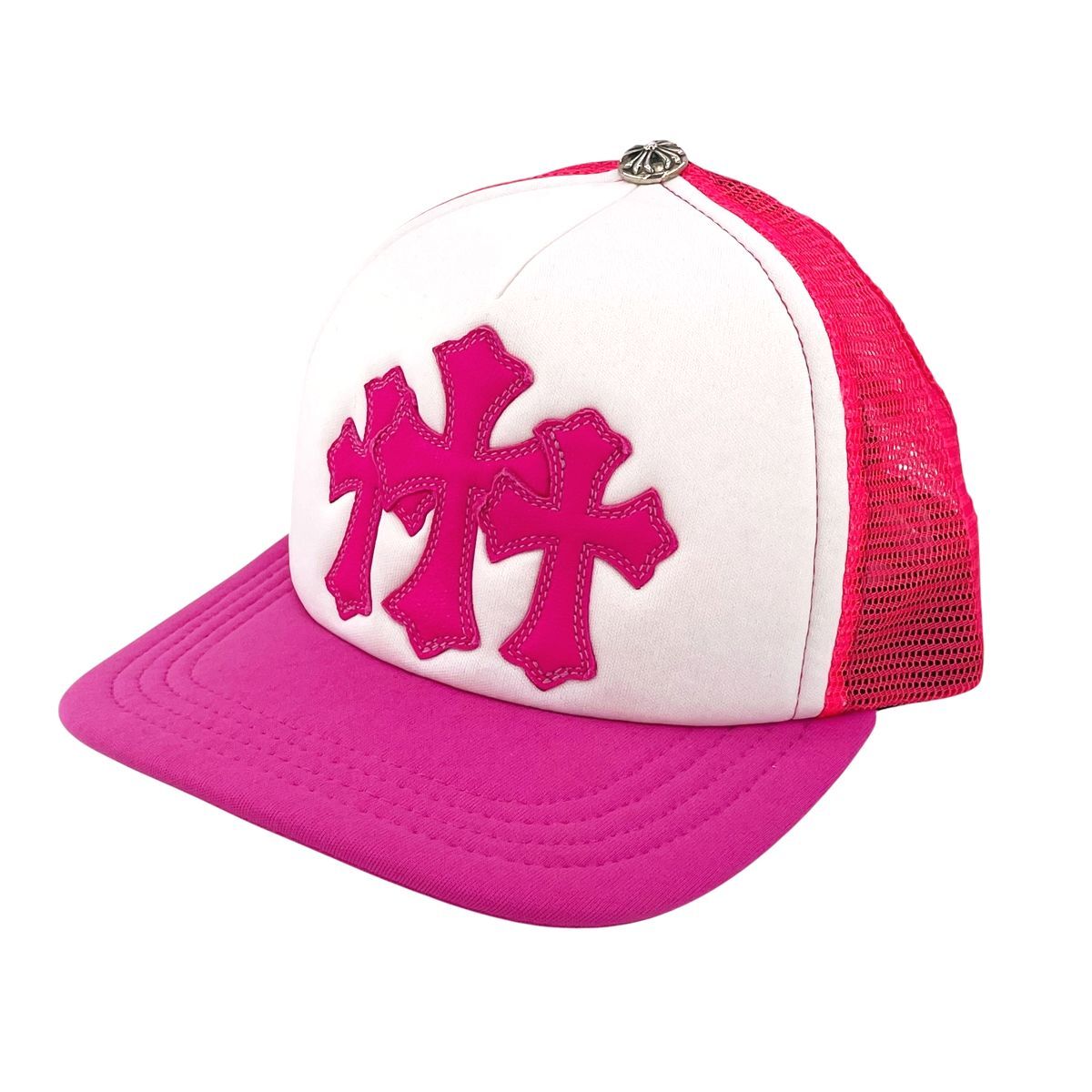 CHROME HEARTS クロムハーツ トラッカーキャップ セメタリークロス 3クロス ピンク スクロールラベル メッシュキャップ クロスボール レザー クロスパッチ メンズ レディース 25030430 AO