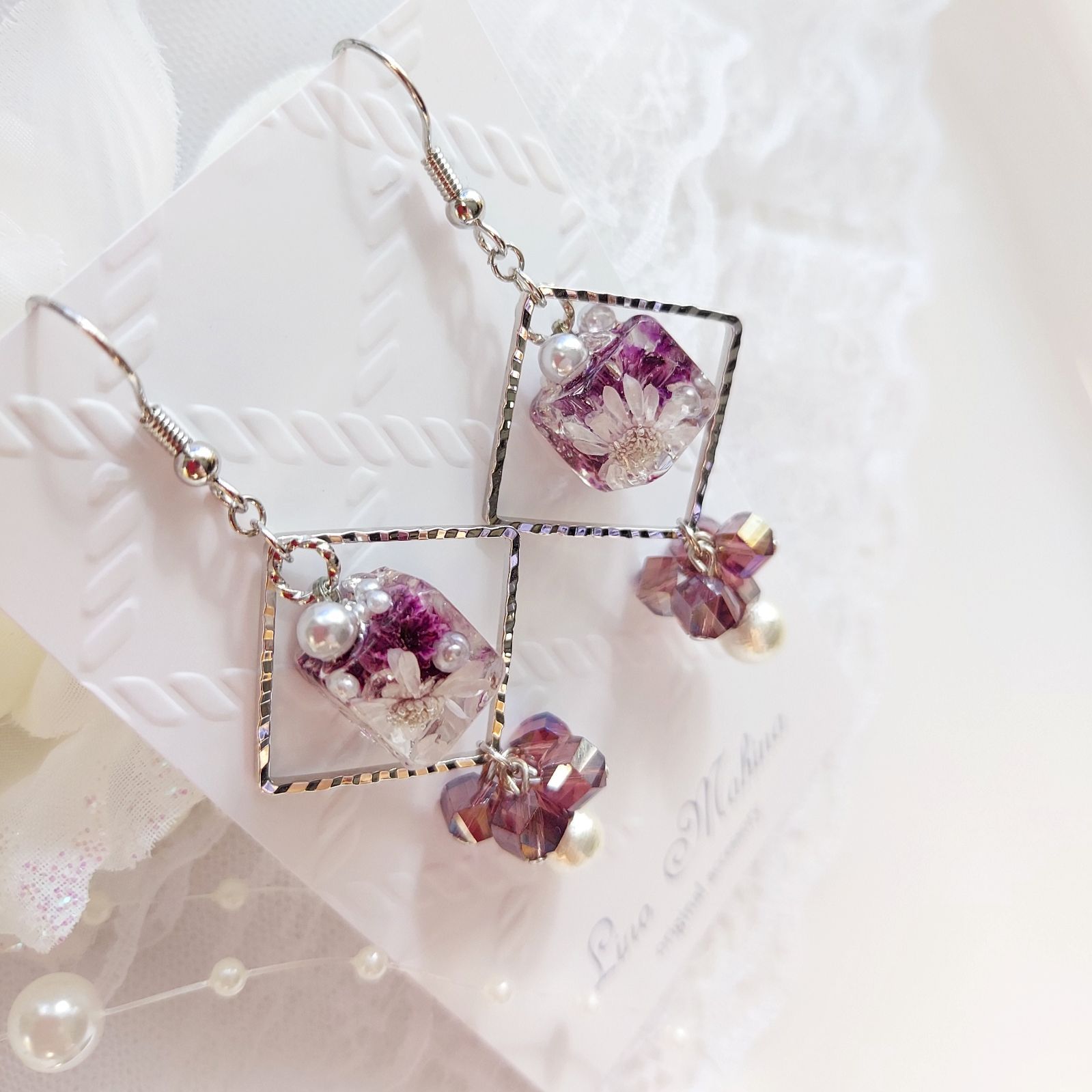 水中花 jewelryboxPurple 優雅なお花の宝石箱イヤリング/ピアス