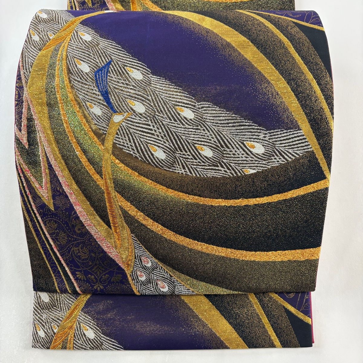 袋帯 秀品 振袖向き 孔雀 草花 金銀糸 箔 青紫 六通 正絹