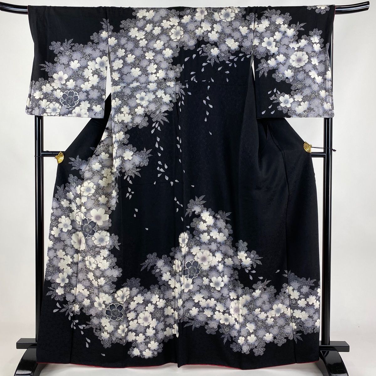 訪問着 身丈166cm 裄丈68cm L 袷 桜 シルエット 銀彩 黒 正絹 名品
