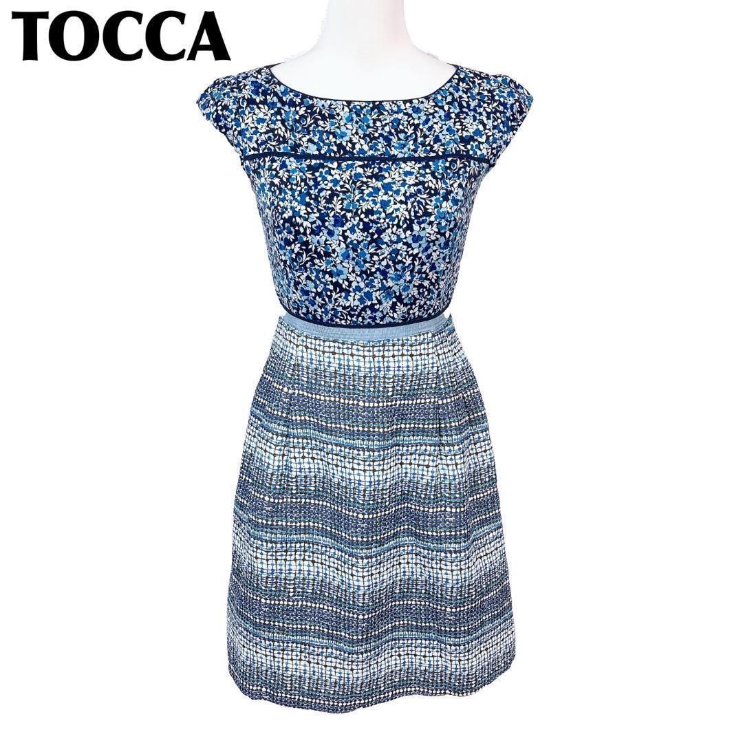 トッカ フレンチスリーブ ワンピース 切替 ドレス2 花柄 ネイビー