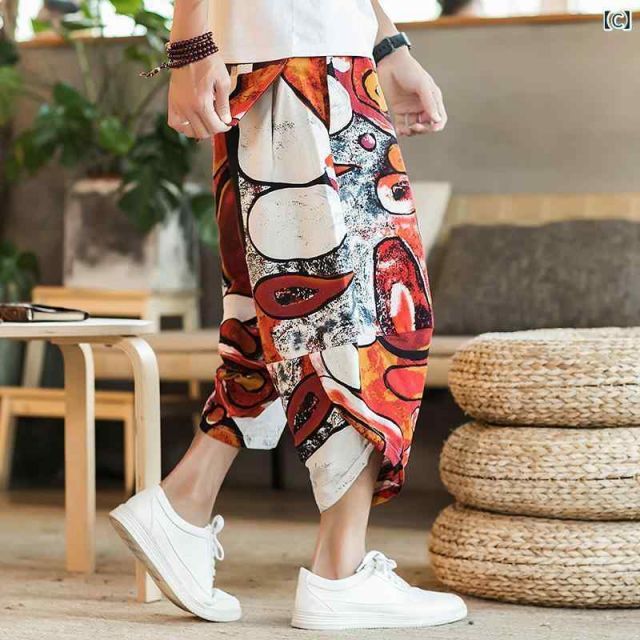 種類14：5XL210230/L：レッド ［ソリッドカラー］K  メンズ ファッション 服 男性用 オシャレ シンプル 大人 かっこいい 大きいサイズ ストリート 紳士服 リネン ビーチ パンツ ゆったり 夏 タイ ワイド レッグ 綿麻 カジュアル 七分丈