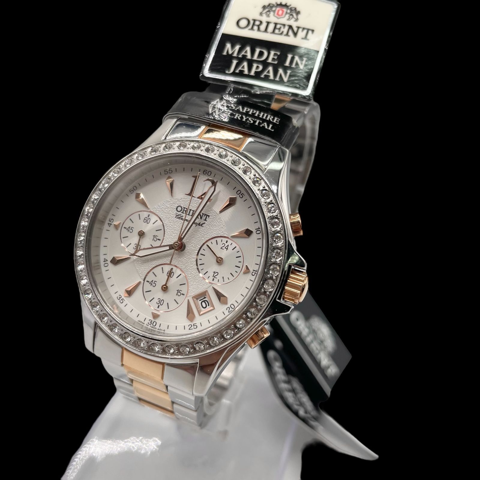 電池稼働品 ORIENT オリエント STW00003W0 クロノグラフ コンビ 白文字盤 SS シルバー ピンクゴールド メンズ腕時計 サファイアクリスタルガラス