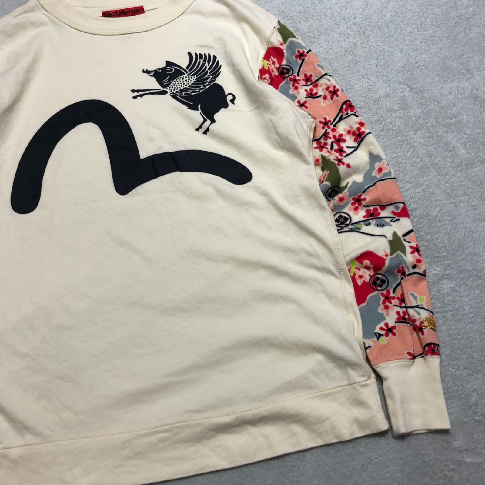 EVISU / YAMANE プリントTシャツ ロゴ カモメ 刺繍 羽豚 和柄 梅 花柄 家紋 36サイズ ロングスリーブ 長袖カットソー ロンT 白系 オフホワイト アイボリー 生成り エヴィス エビス ヤマネ