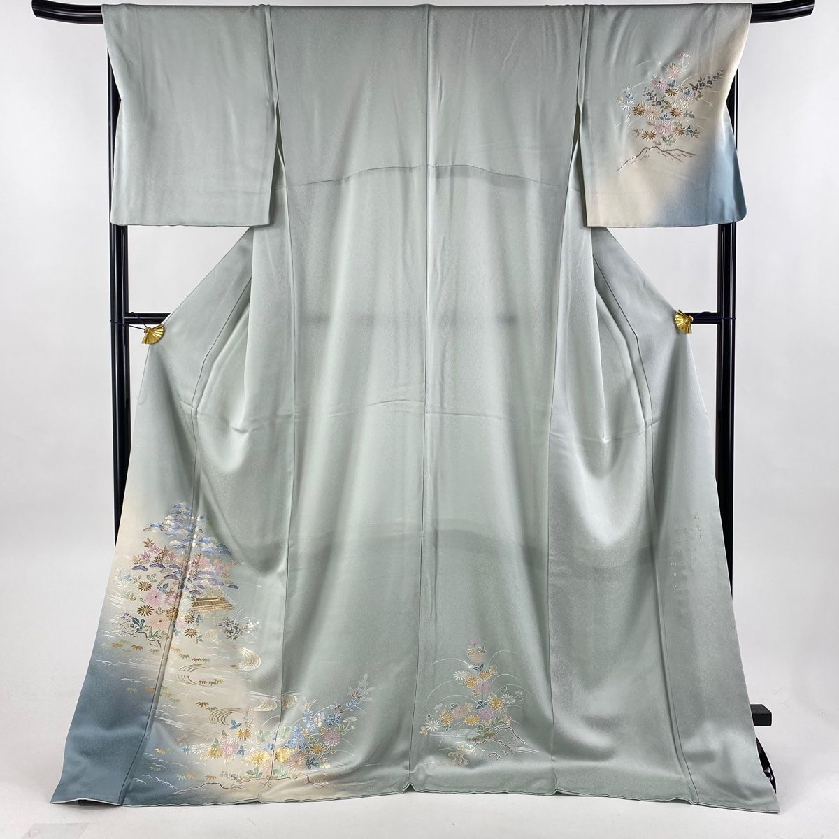 お召 身丈168.5cm 裄丈71cm L 袷 花 菱 灰色 正絹 美品 逸品 【中古  