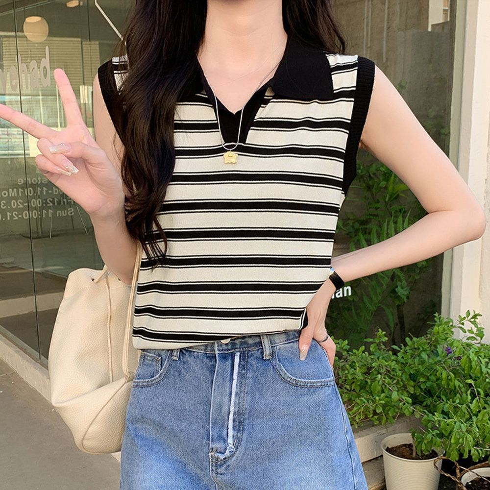 サマーニット トップス ノースリーブ 夏服 襟付き ボーダー