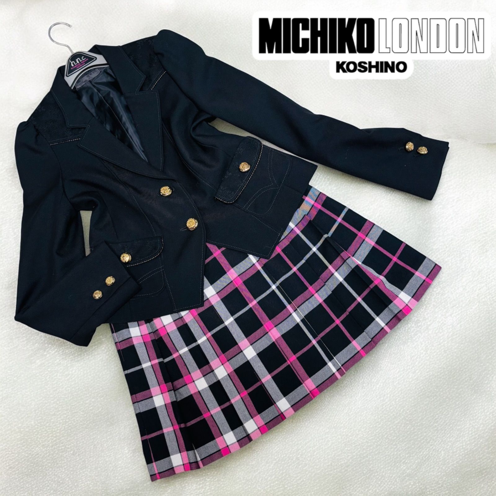 美品 MICHIKO LONDON KOSHINO ミチコロンドンコシノ 女の子 フォーマル 2点セット スーツ ブレザー 制服 セットアップ 卒業式 入学式 レース チェック 金ボタン サイズ 160
