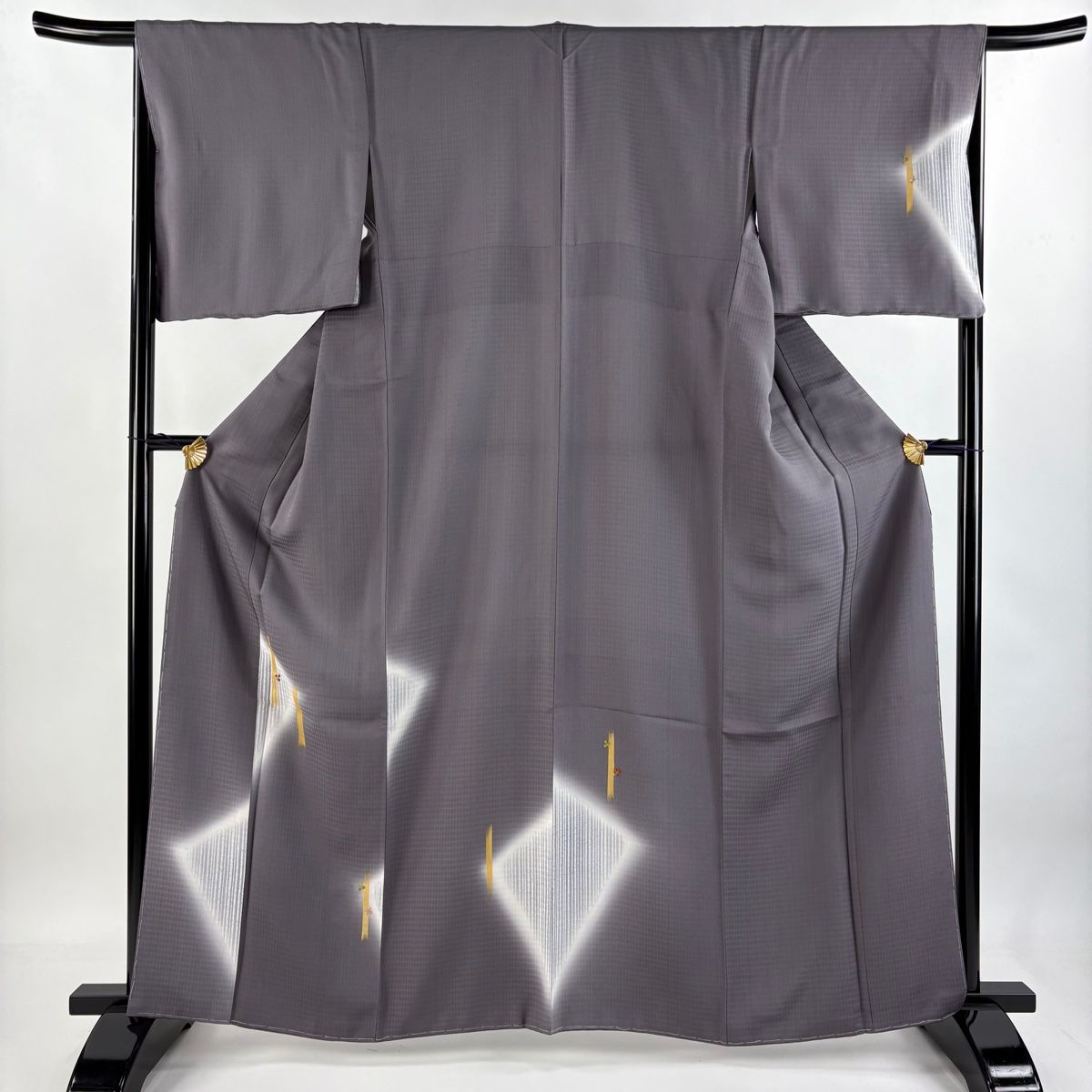 付下げ 身丈163cm 裄丈66.5cm M 袷 葉 縞 金彩 刺繍 灰紫 正絹 秀品