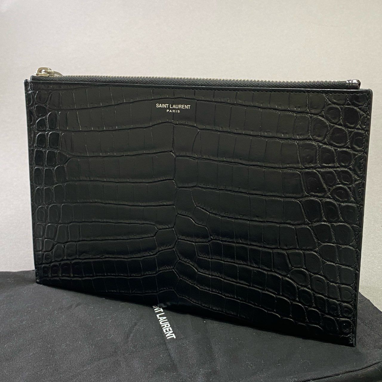 d21 SAINT LAURENT サンローラン クロコ型押し クラッチバッグ ブラック カーフレザー セカンドバッグ タブレットケース 保存袋付き