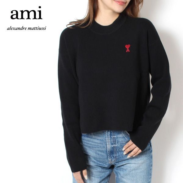 24SSモデル アミ アレクサンドル マテュッシ AMI Alexandre Mattiussi  レディース ロゴ刺しゅう 化繊混コットンウール セーター【BLACK】 UKS046.KN0042  001 BLACK/【2024SS】l-tops