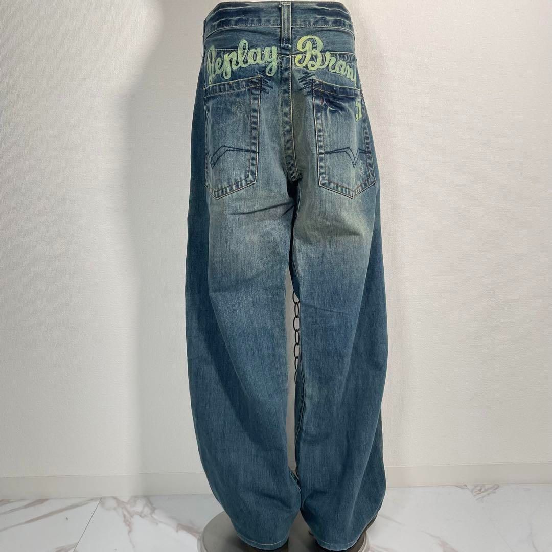 00s Replay ヴィンテージ加工 ダメージデニム ワイドジーンズ Y2K グランジ サイズ36 XLサイズ